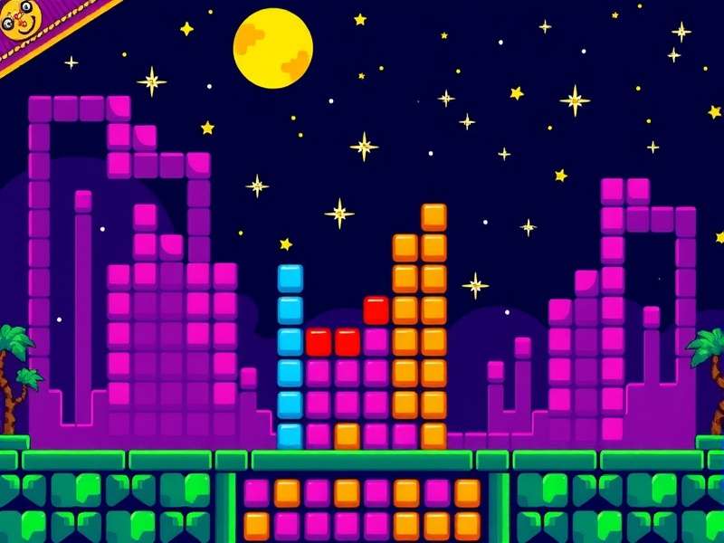 Colorful Tetris blocks falling on a GameBoy Color screen