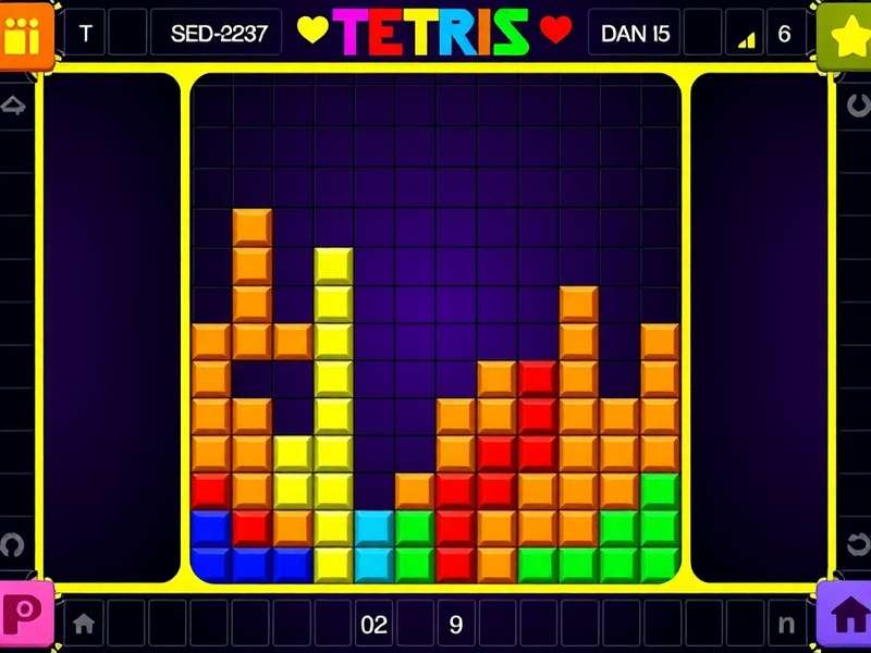 Modern Tetris game app interface on a smartphone showing vibrant blocks and high score