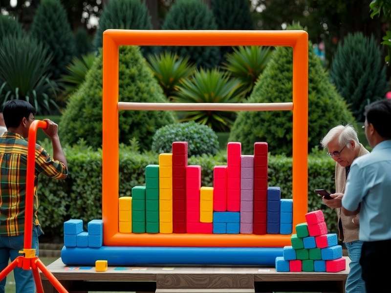 Family playing the outdoor Tetris game, laughing and placing blocks