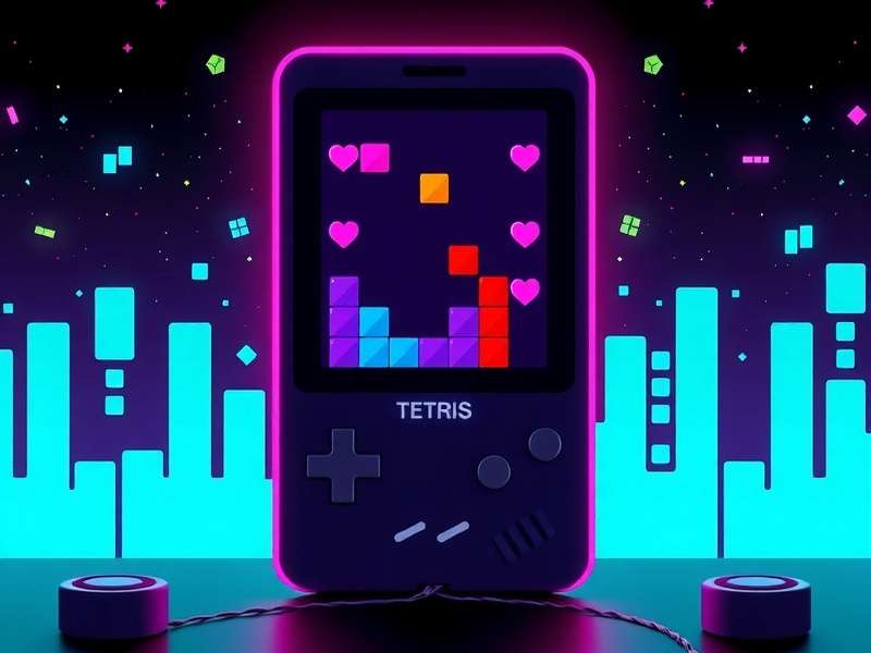 Vintage Game Boy playing Tetris on a wooden table