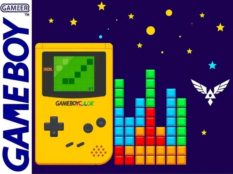 GameBoy Color running Tetris with colorful blocks