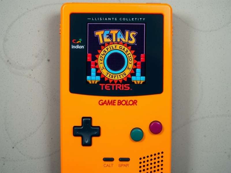 A genuine Tetris GameBoy Color cartridge on a yellow GameBoy Color console, placed on an eBay listing background