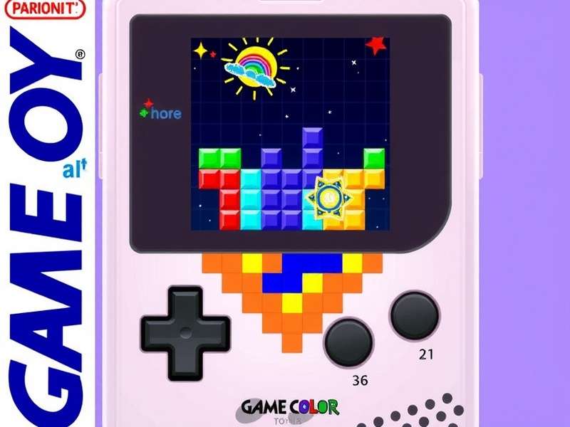 GameBoy Color running Tetris with colorful blocks on screen