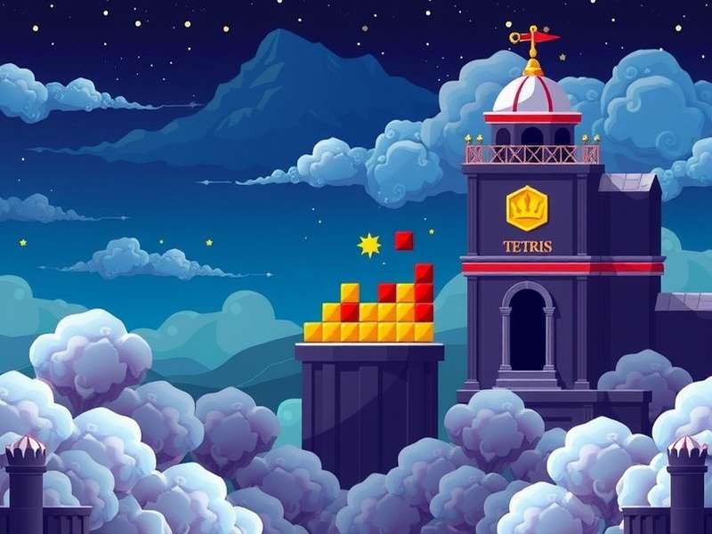 Tetris gameplay champion holding trophy with intense game session in background