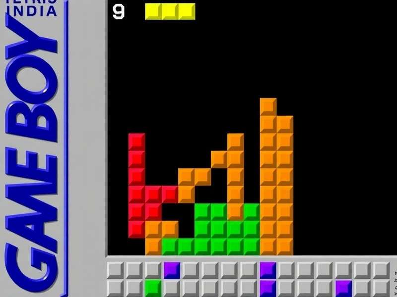 A classic Game Boy console running Tetris on a wooden table