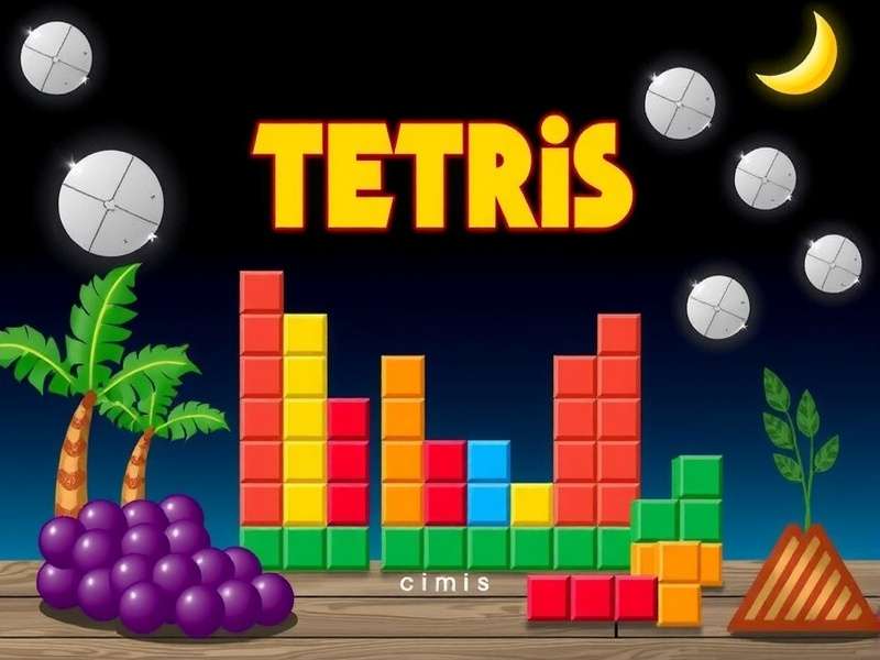 A vibrant scene of people playing Tetris on a large screen in a sunny patio setting, with colorful block pieces falling.