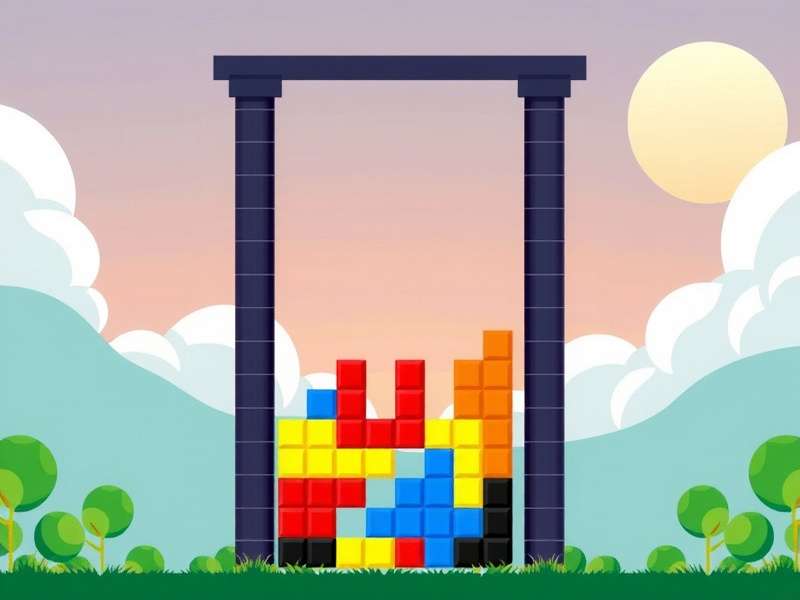A vibrant outdoor Tetris game setup with large colorful blocks being placed by players