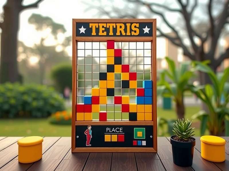 Family playing giant outdoor Tetris game in backyard