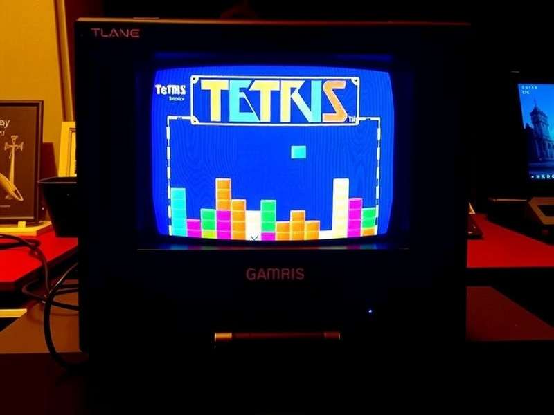 Collection of various Tetris game consoles and cartridges laid out on a table