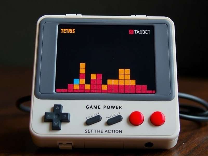 Vintage Tetris game console setup with cartridge and CRT television