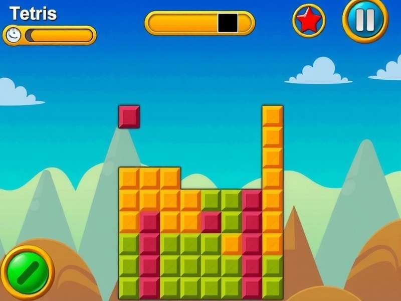 Colorful Tetris blocks falling in a digital landscape