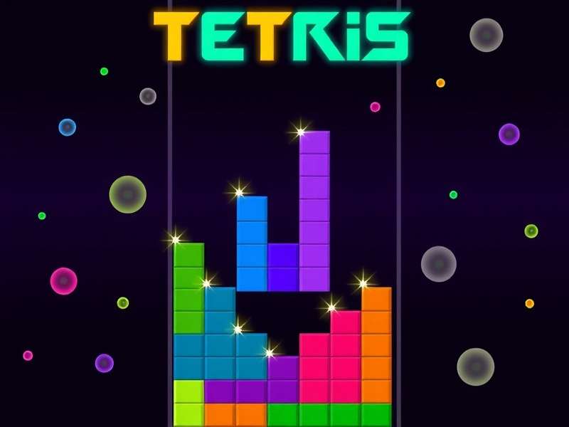 Classic Tetris gameplay with colorful blocks