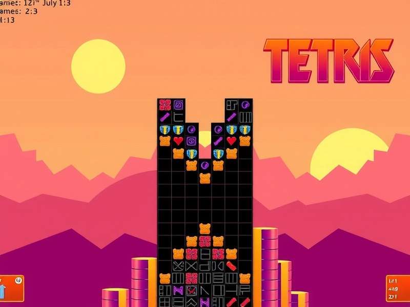 Colorful Tetris blocks falling in a digital landscape