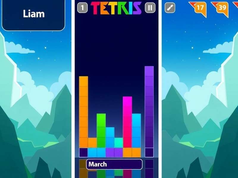 Tetris gameplay screenshot showing colorful blocks on a screen