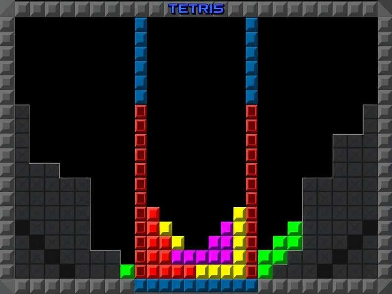 A professional Tetris player at a championship, intense focus on the stacking grid