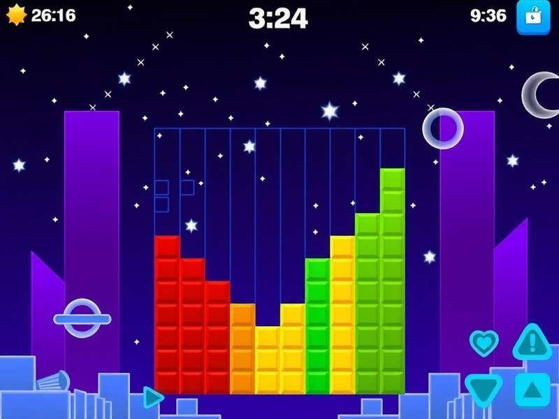A glowing Tetris game grid with colorful blocks in mid-play