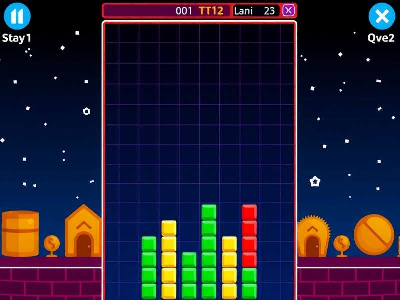 Tetris gameplay screenshot showing colorful blocks on a dark background