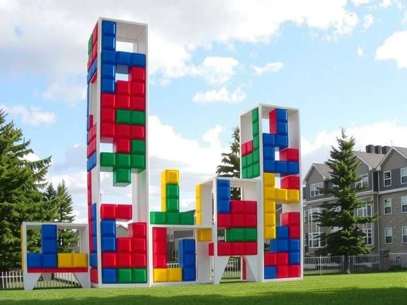 Group of people playing a giant outdoor Tetris game with large foam blocks