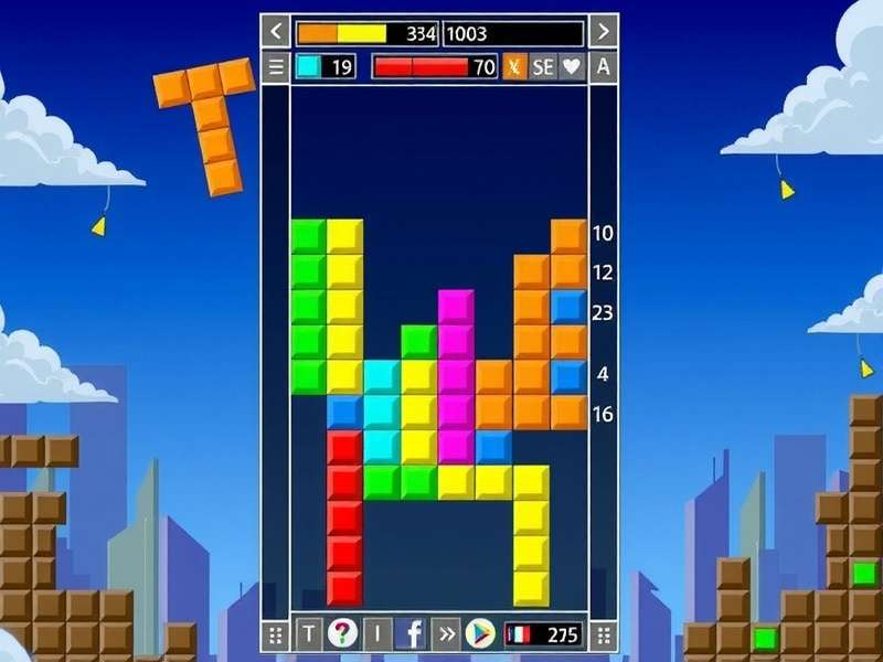 Classic Tetris gameplay on a retro screen with colorful blocks