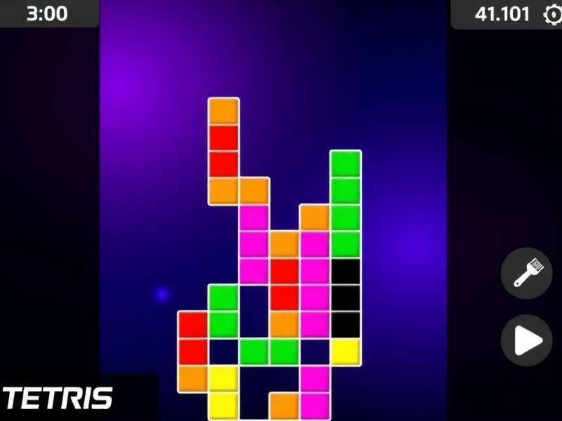 Online Tetris hero image showing colorful Tetromino blocks and a player enjoying the game on a laptop