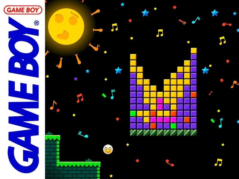 Tetris Gameboy Music — the iconic chiptune soundtrack screen on a classic Gameboy device with musical notes floating around