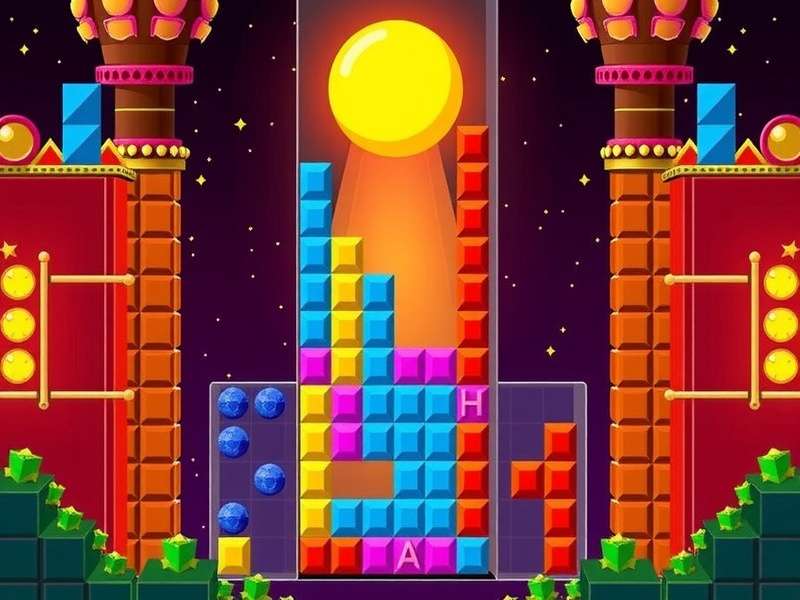 Tetris Master gameplay illustration showing a Tetris grid with falling blocks in vibrant colours