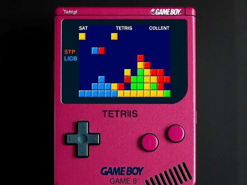 Tetris Game Boy handheld console displaying classic Tetris gameplay on its iconic green screen
