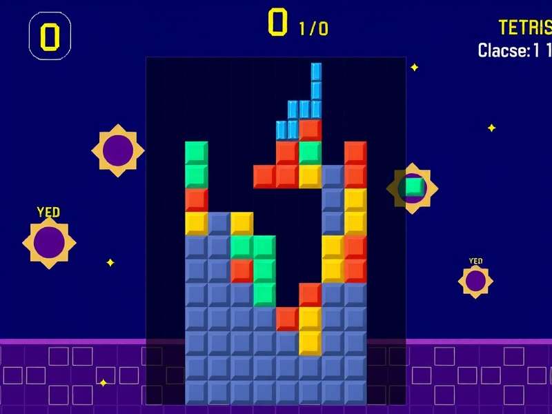 Tetris Classico gameplay illustration showing classic block pieces on a colorful board
