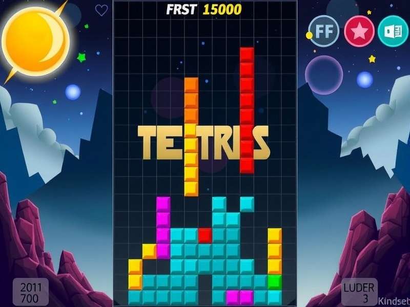 Classic Tetris game board with falling blocks and neon glow