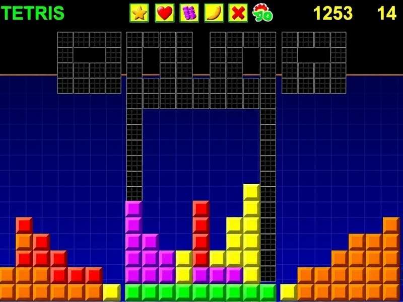 Tetris free online game – vibrant block puzzle interface with neon blocks and score display