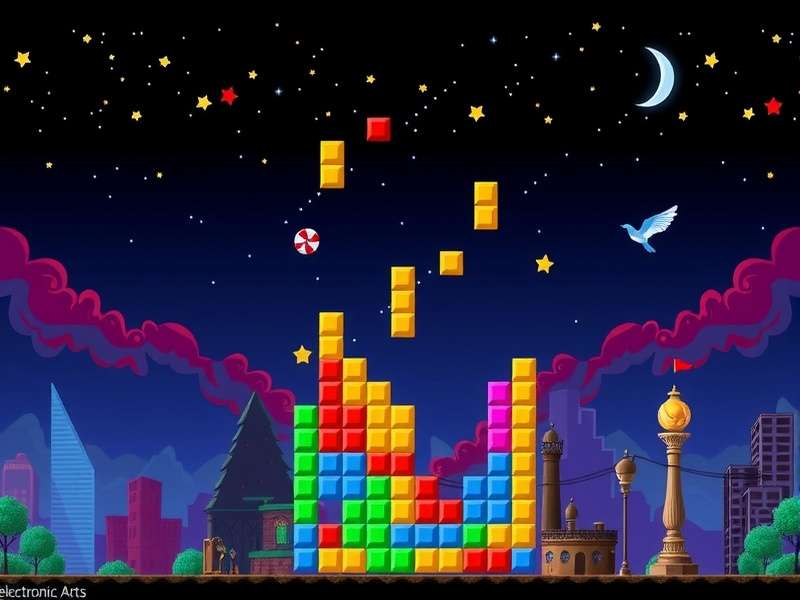 Tetris Electronic Arts banner showing classic blocks and neon glow