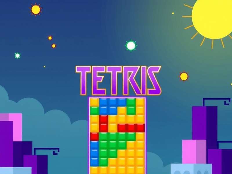 Tetris game blocks falling on a dark background with neon colours