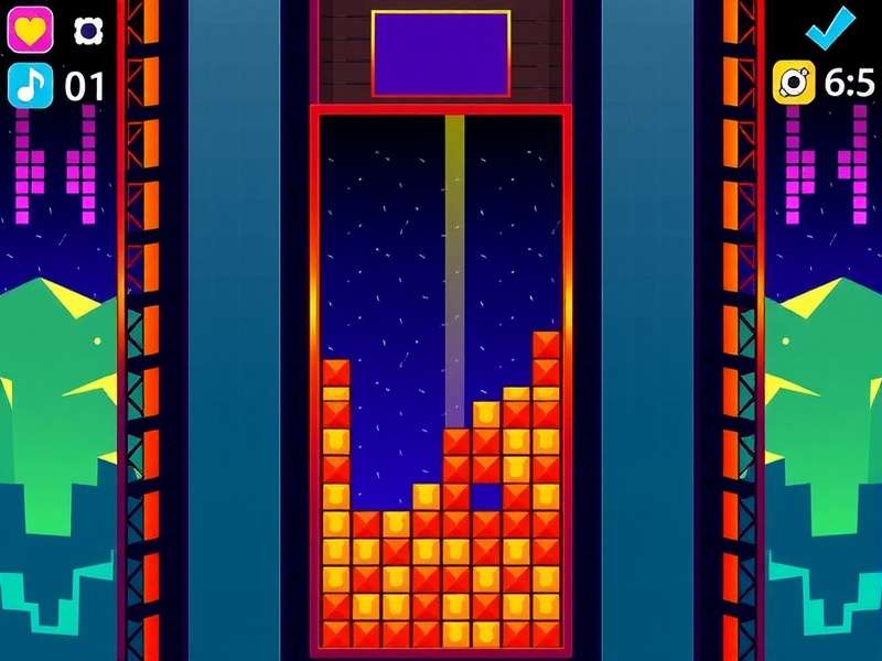 Tetris gameplay sound visual with colorful blocks and musical notes floating around