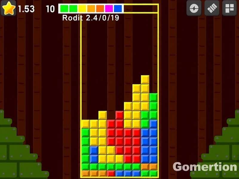 Iconic Tetris gameplay screenshot showing a well-organized stack with a Tetris line clear about to happen, glowing in neon colours against a dark background.
