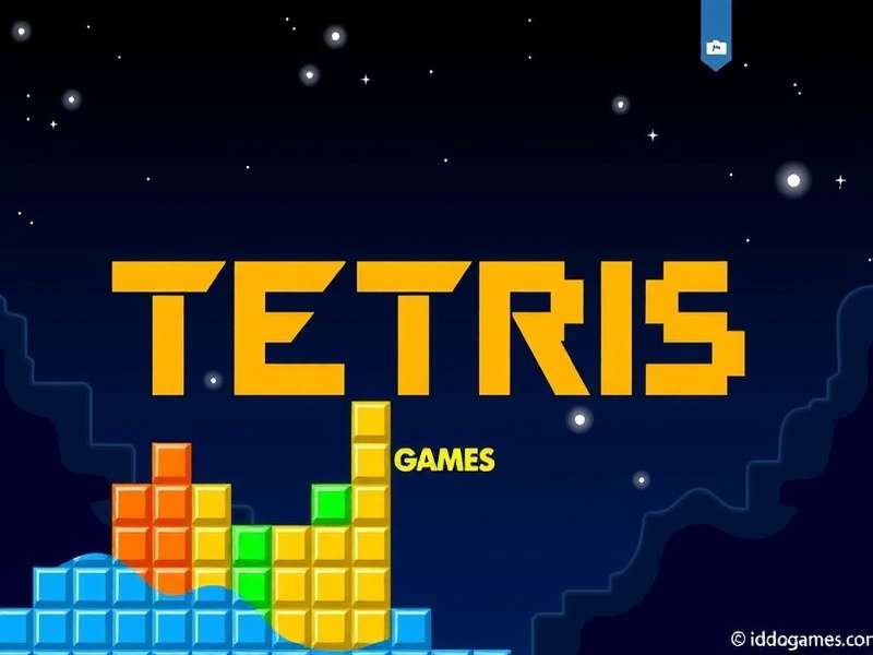Tetris Games classic gameplay scene with colourful tetrominoes on a dark grid background