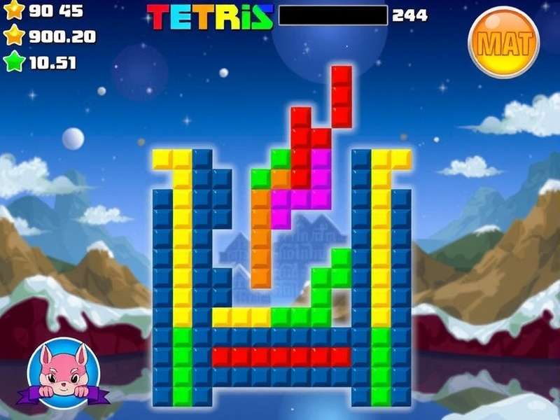 Tetris Online Za Darmo banner showing a vibrant Tetris game board with multicolored blocks