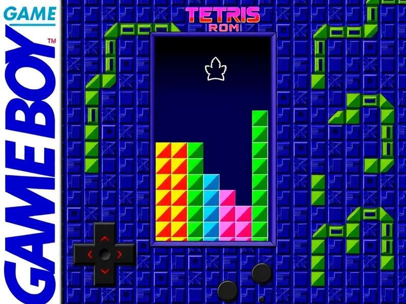 Rom Tetris Gameplay Gameboy — Classic Tetris blocks falling on a vintage Gameboy screen with authentic green tint.